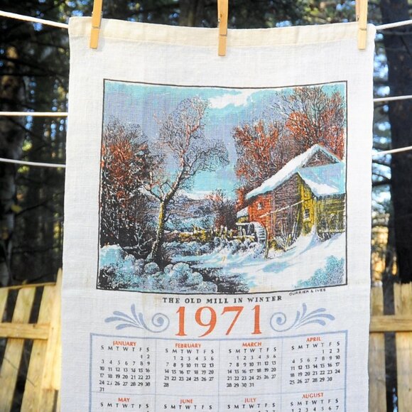 Vintage 1971 Linen Calendar Towel 'Old Mill in Winter' Currier & Ives Watermill - Picture 2 of 8